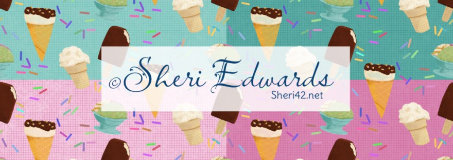 Vanilla ice cream cone, Ice cream sundae cone, chocolate ice cream bar, bowl of strawberry, caramel, pistachio ice cream, rainbow sprinkles: a patterned illustration by Sheri Edwards
