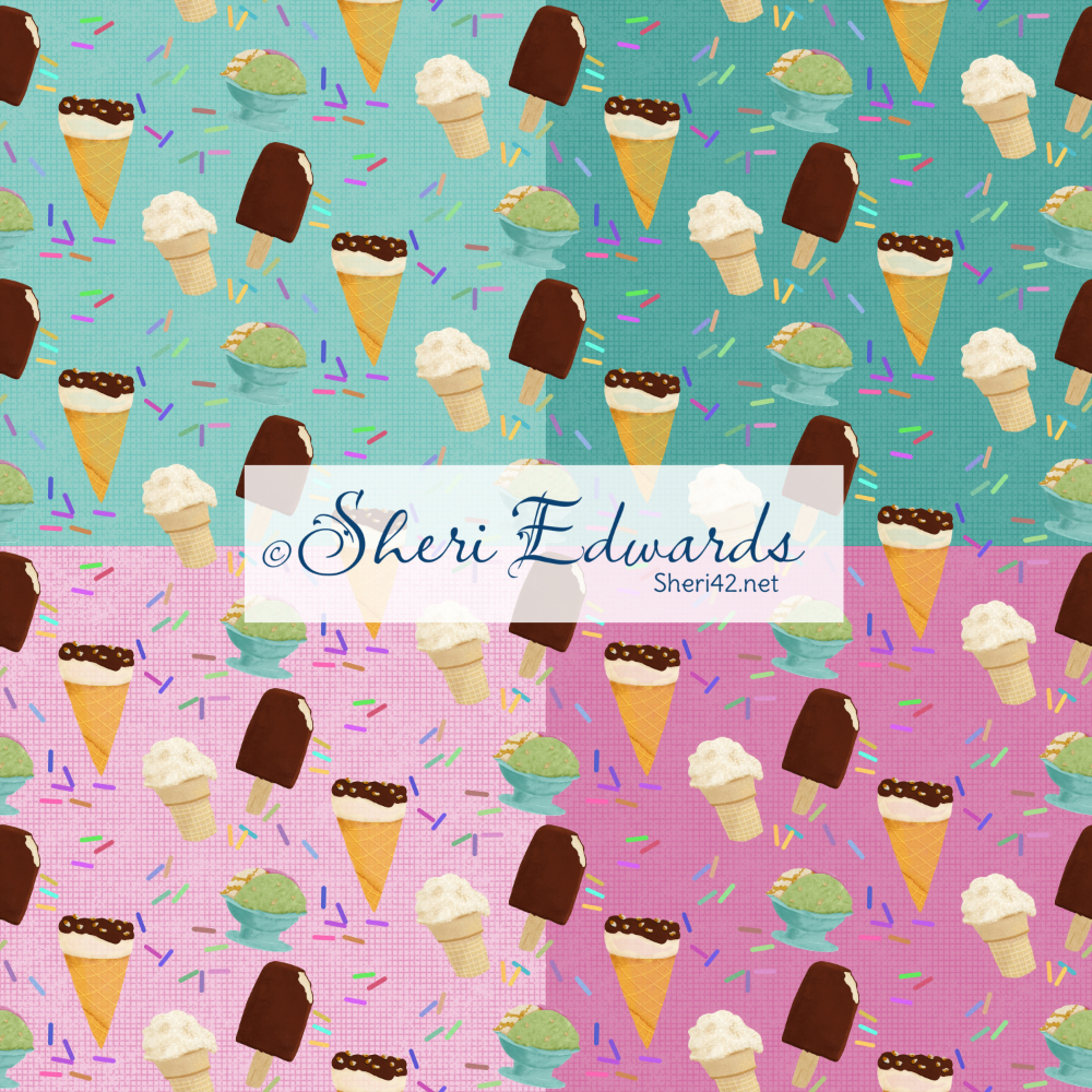 Vanilla ice cream cone, Ice cream sundae cone, chocolate ice cream bar, bowl of strawberry, caramel, pistachio ice cream, rainbow sprinkles: a patterned illustration by Sheri Edwards