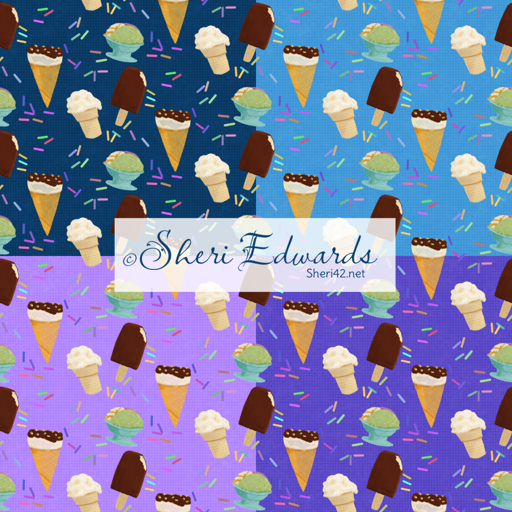 Vanilla ice cream cone, Ice cream sundae cone, chocolate ice cream bar, bowl of strawberry, caramel, pistachio ice cream, rainbow sprinkles: a patterned illustration by Sheri Edwards