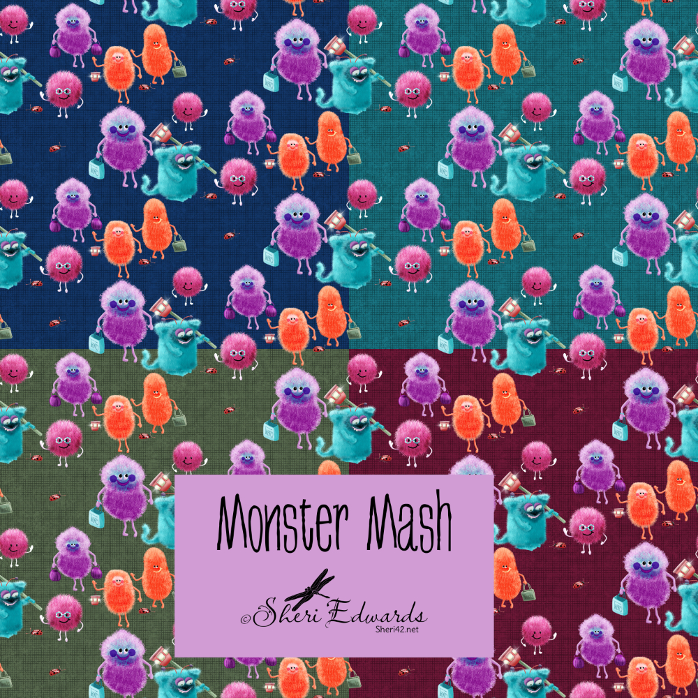 Illustrations by Sheri Edwards of little monsters ready for Halloween— in our different background colors.