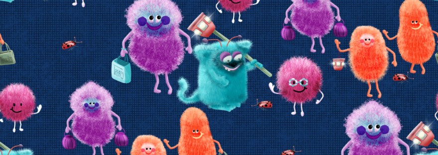 Cute little creatures not of this earth run around with tricks and treats and lanterns to light the way on a dark night [navy background]. Illustration by Sheri Edwards