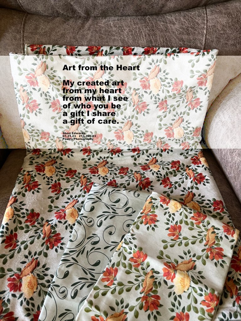 Art designed for a granddaughter to celebrate her wedding; blanket and pillow cases in the colors she chose in her wedding.