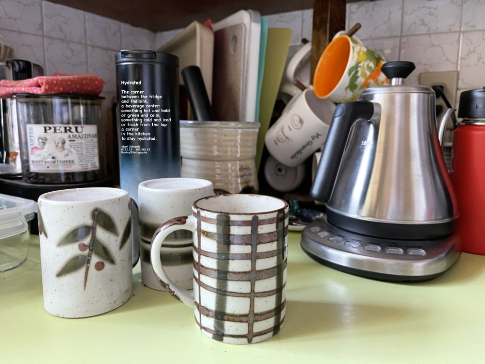 Tea pot, mugs, coffee, tea, water bottles, coffee pot unseen to the left: all ready to keep hydrated.