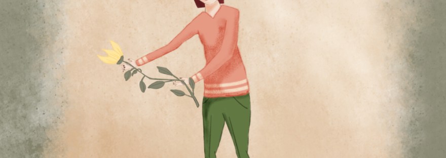 illustration of sad girl with broken flower by Sheri Edwards