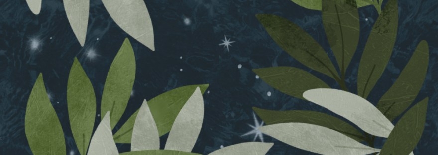 Cool off below the trees and view the stars in the universe through the leaves. Skies Above. Large Illustration by Sheri Edwards