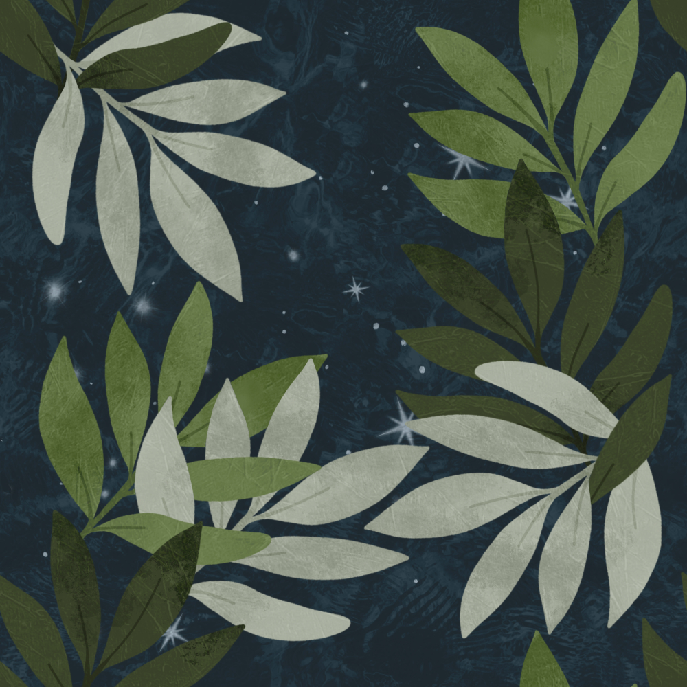 Cool off below the trees and view the stars in the universe through the leaves. Skies Above. Large Illustration by Sheri Edwards