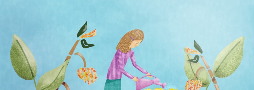 illustration of woman watering her garden as a snail watches her