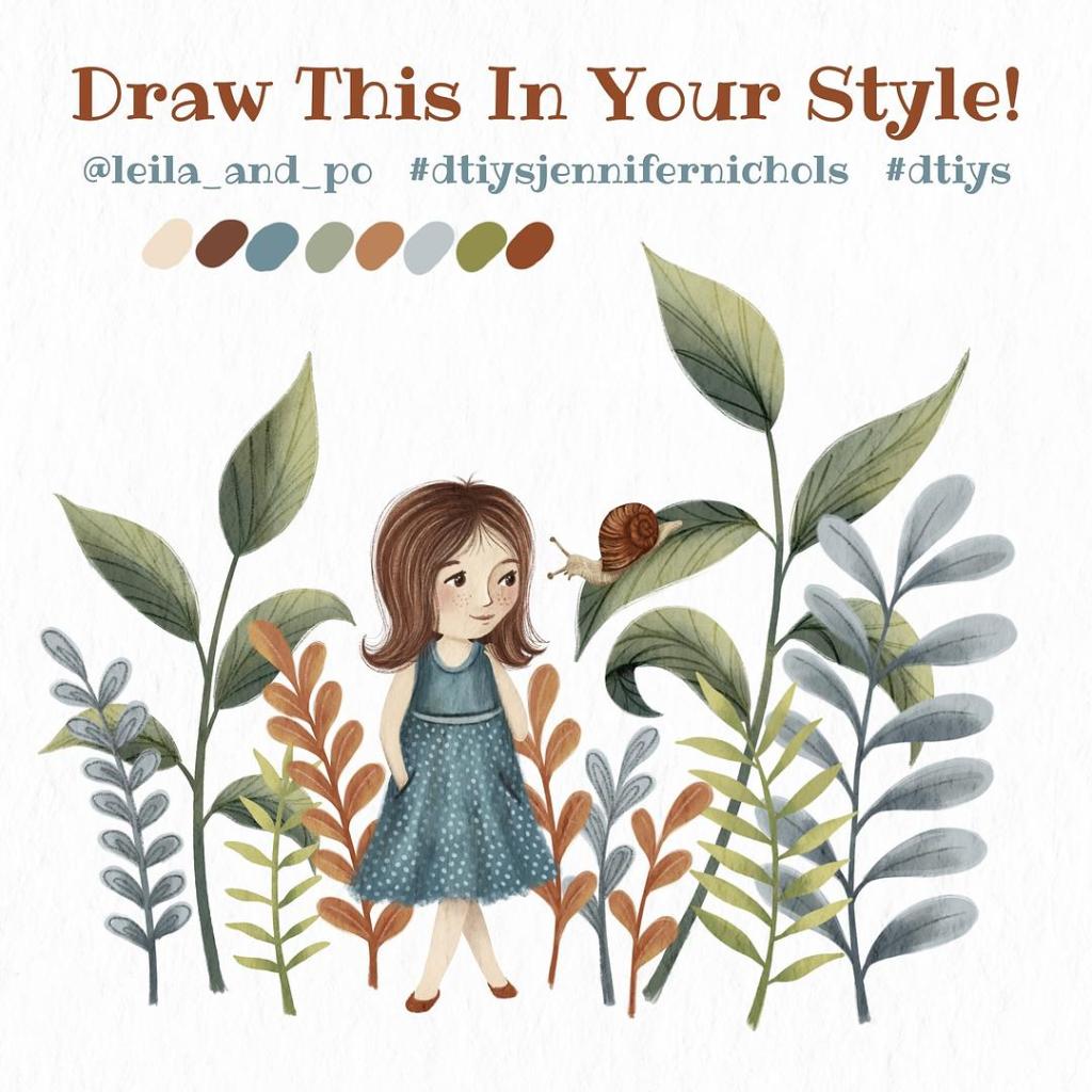 Jennifer Nichols #DTIYS illustration of girl walking through garden and looking at a snail