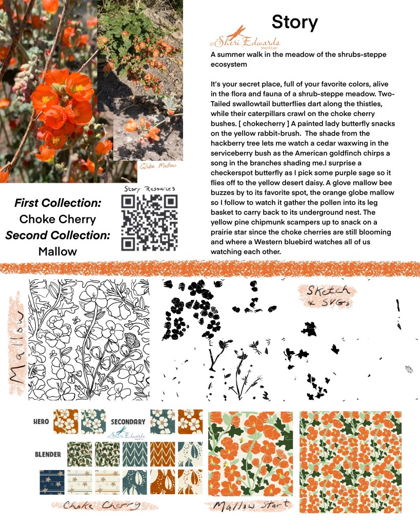 a guide sheet for Sheri's plan for a design based on the orange globe mallow wildflower of Eastern Washington.