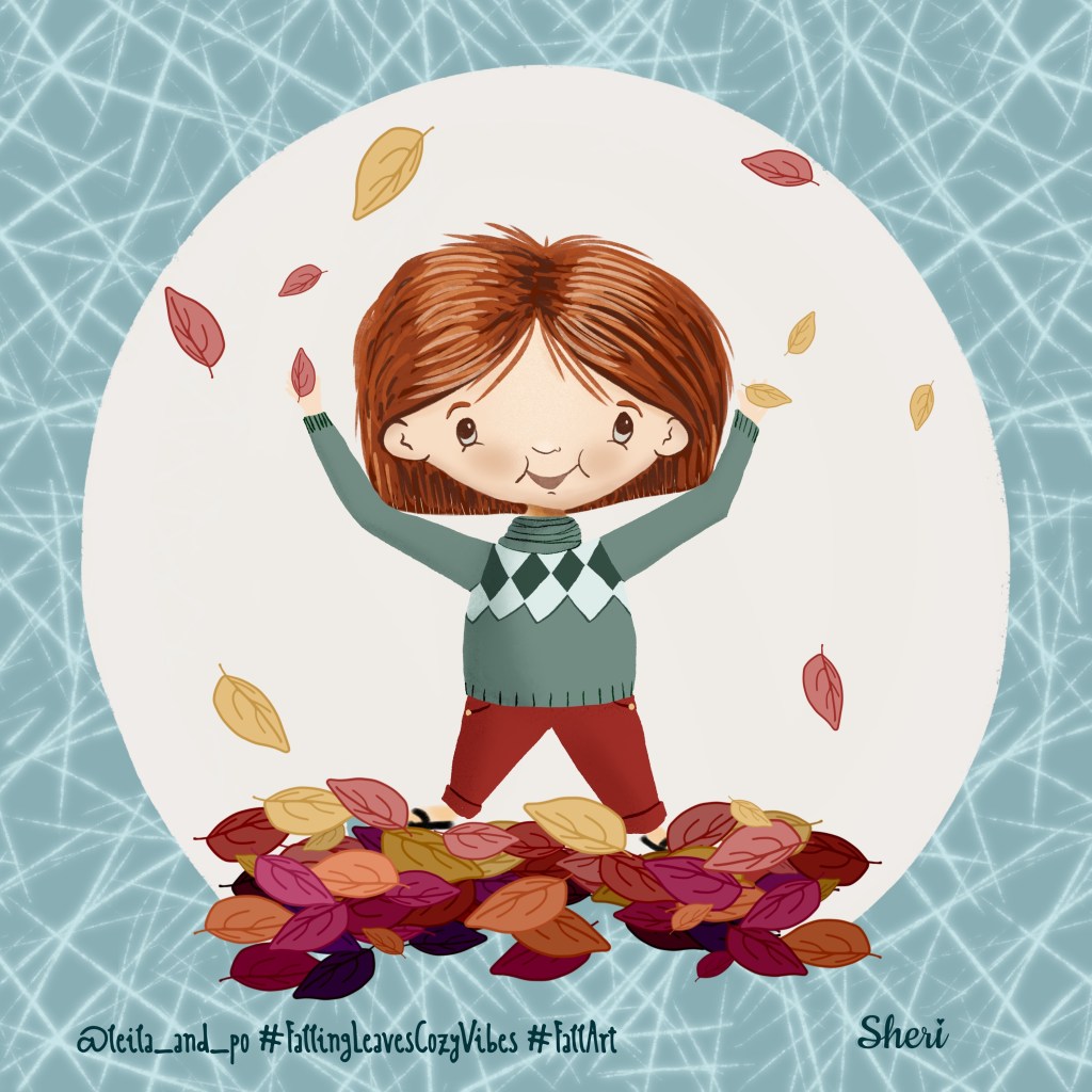 Falling Leaves: character Emma enjoying a bit of throwing leaves