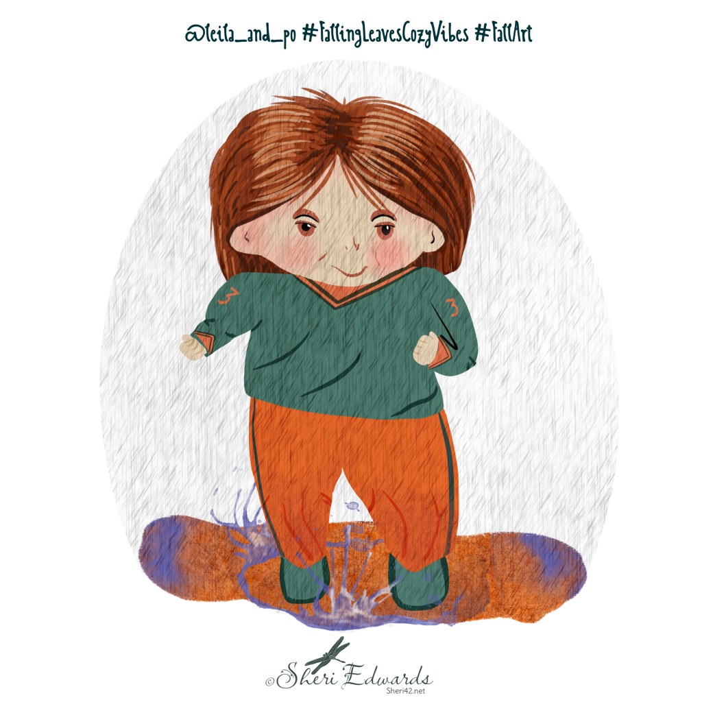 Prompt: Falling Rain and little Emma cannot resist jumping in the puddle 