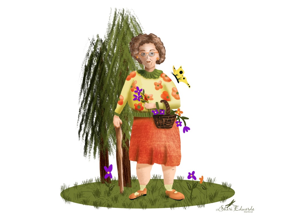 Auntie Rosie: stylized illustration as she picks flowers in the forest meadow
