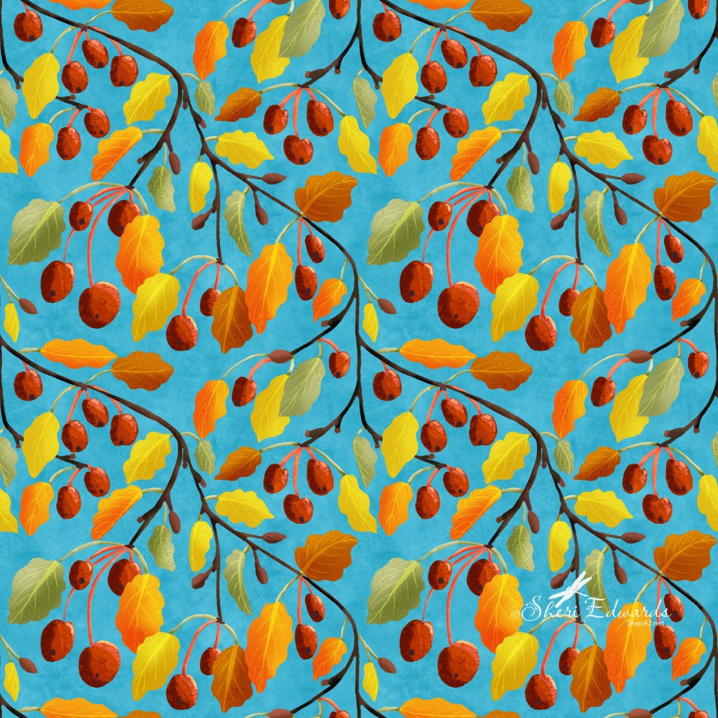 illustration of autumn crab apple tree in the winter sun by Sheri Edwards