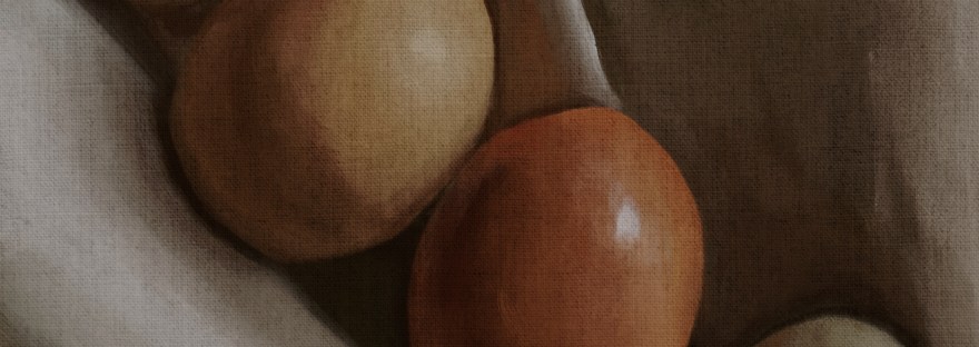 illustration of four different colored eggs laying on a folded cloth; digital oil by Sheri Edwards