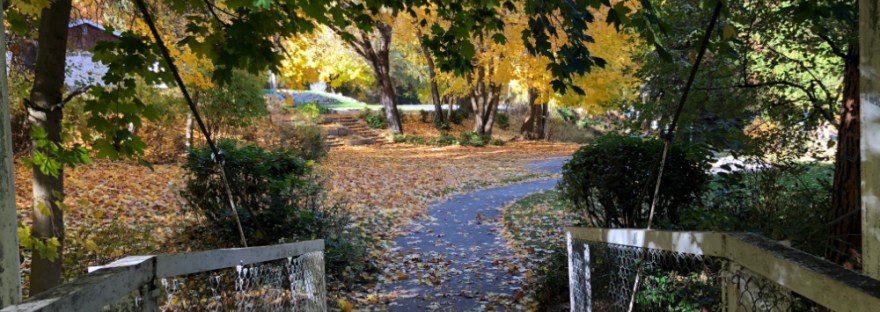autumn leaves and Footbridge over Fiddle Creek Cole Park, Coulee Dam, WA