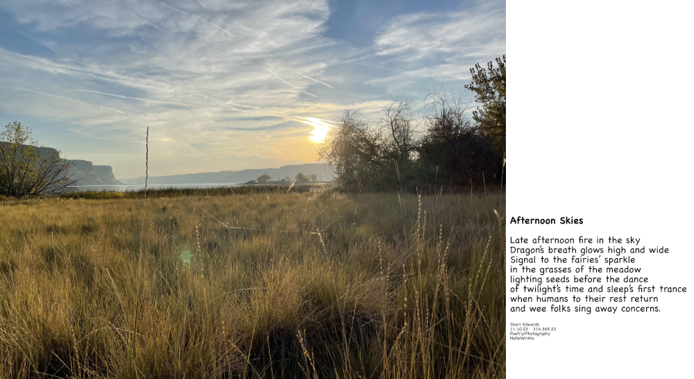 late afternoon in October, 2022 at Banks Lake, Wa and poem: note the dragon in the sky and the fairy lights in the grasses of the foreground