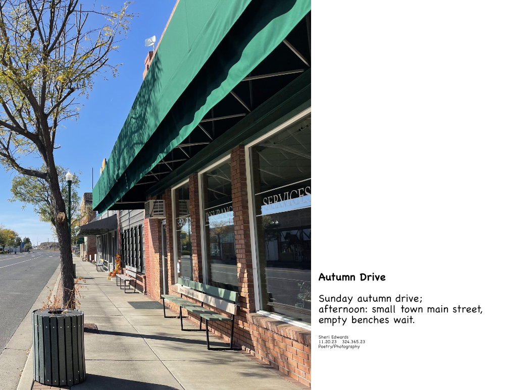 Main road in Odessa, WA Benches in front of store fronts empty, but inviting on a Sunday afternoon in October and haiku