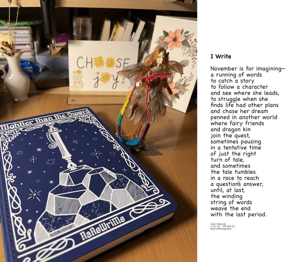 NaNoWriMo journal, Ashlyn's fairy, on the desk for inspiration for writing