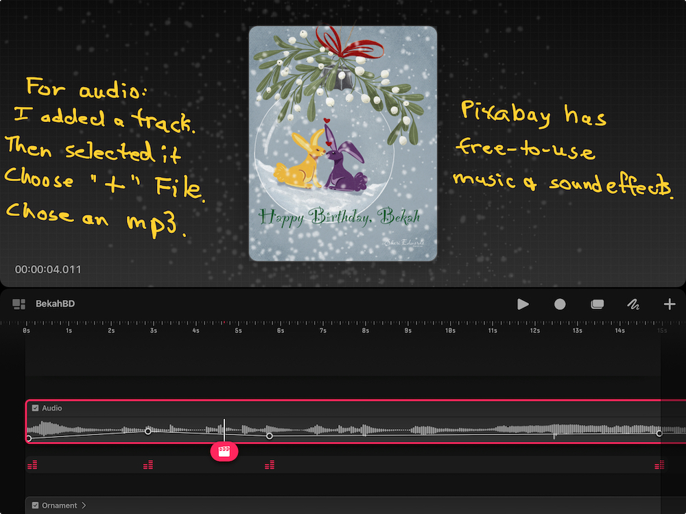 how to add audio: add a track; select it; choose "add" and browse files to choose your mp3.