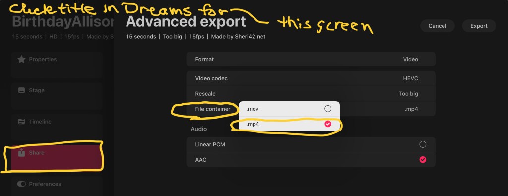 change format from .mov to .mp4: click title in Dreams, share, then file container.