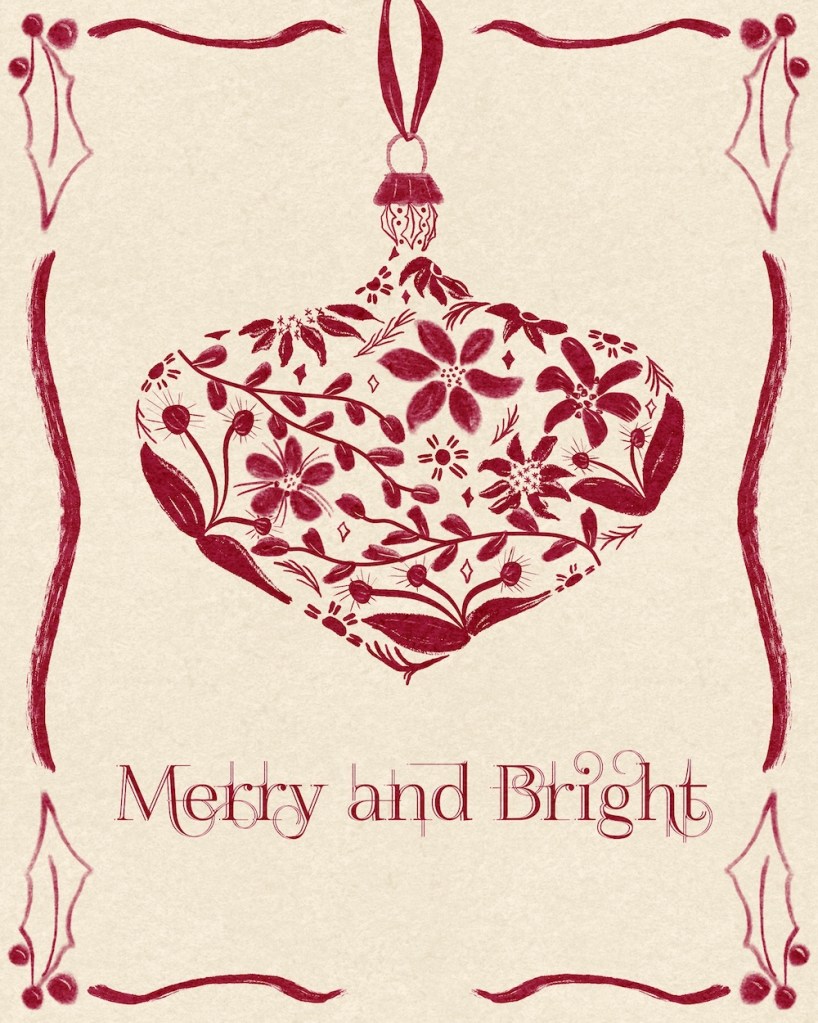 ornament greeting card cover; text:
Merry and Bright