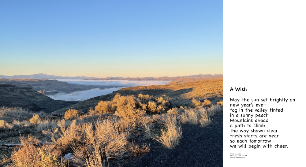winter sunset over Grand Coulee and poem, a new year of cheer