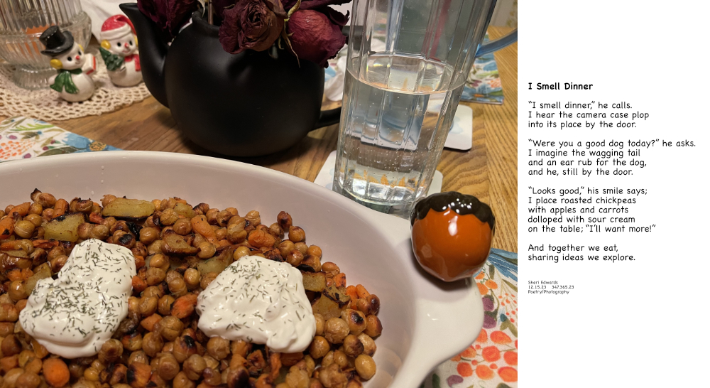serving dish of roasted chickpeas, apples, and carrots dolluped with sour cream, and poem