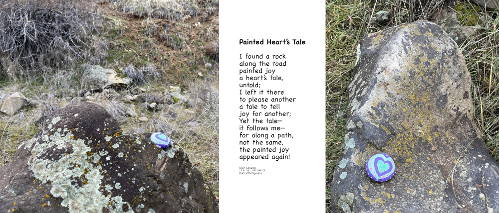 a poem between the photo of finding the same painted rock, again -- concentric hearts with dots around it-- on different paths