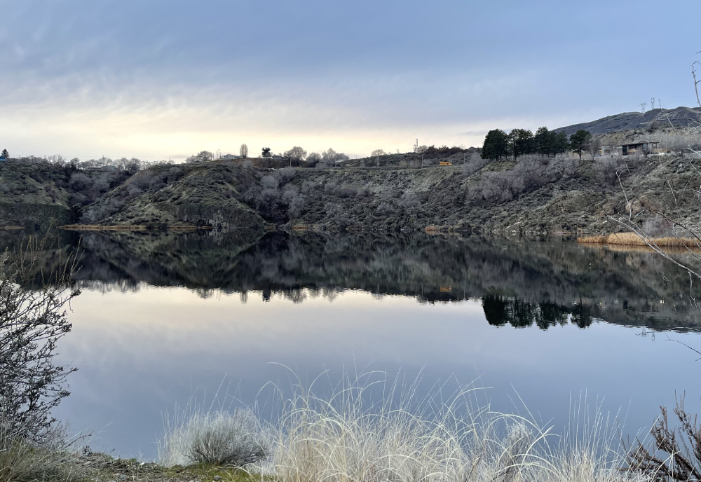 Crescent Bay Lake with reflection, including school bus