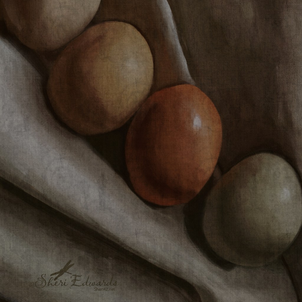 illustration of four eggs on a cloth with texture applied overall
