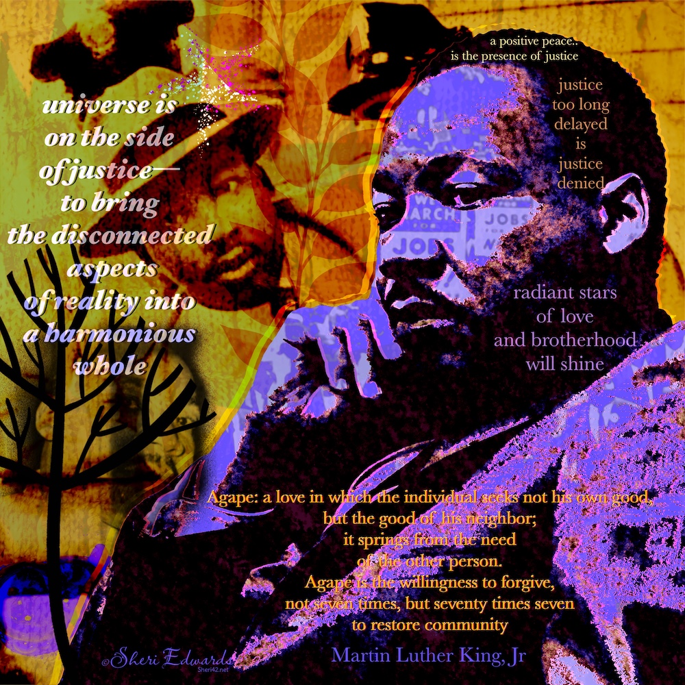 abstract illustration of Martin Luther King, Jr with various public domain images and his quotes