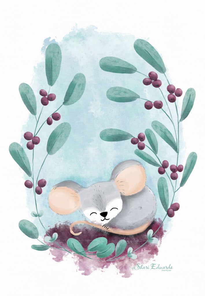 mouse sleeping in the berry plant; illustration by Sheri Edwards