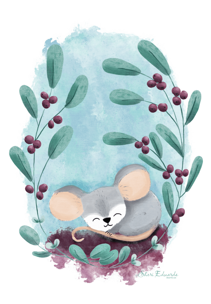 mouse sleeping in the berry plant; illustration with transparency by Sheri Edwards