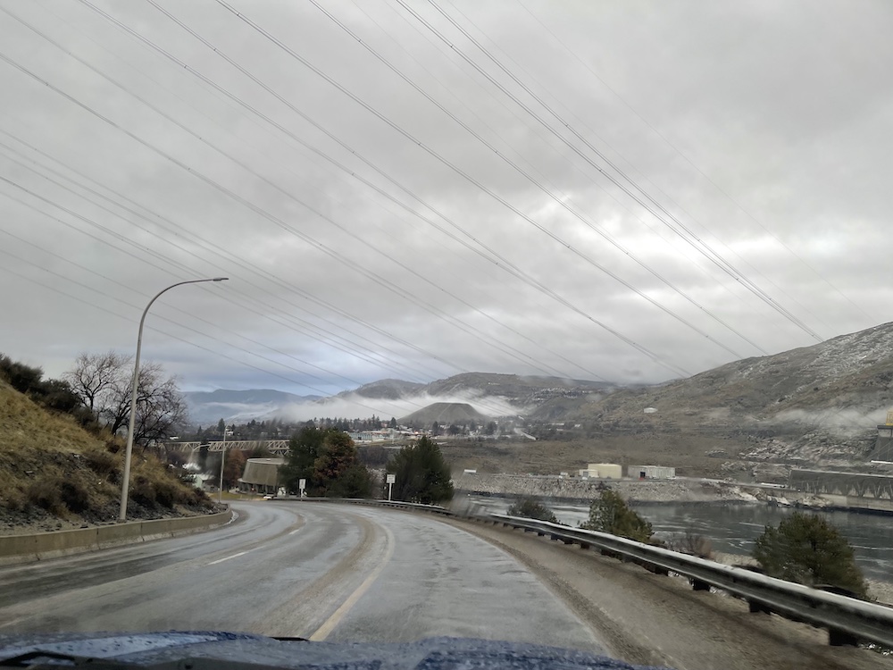 fog around a mountain of sand 230 feet tall in Coulee Dam WA