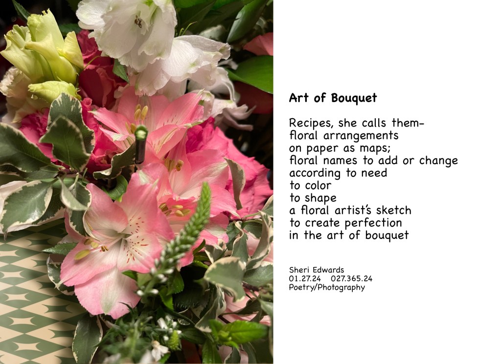 Part of Heather's bouquet, art in florals with poem