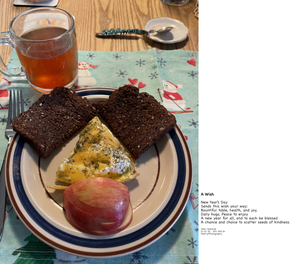 cacao tea in mug; plate with dark bread as eyes, triangle of eggs as nose, and apple slices as mouth: a wish in a poem and photo for New Year's Day