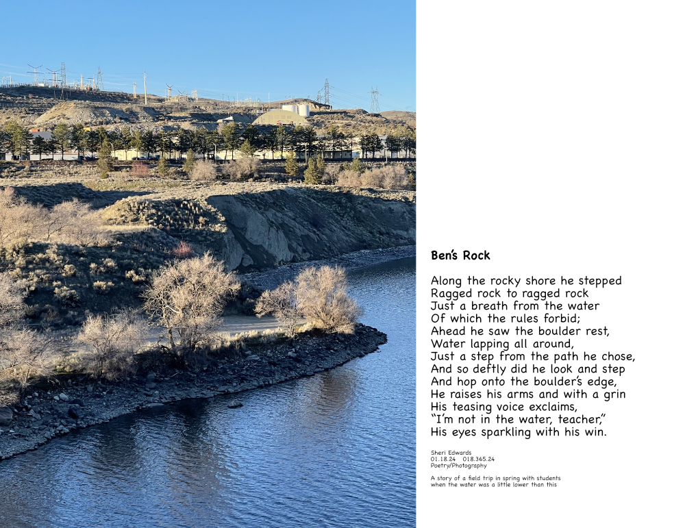 Crescent Bay with basalt boulder in the water near the shore and the poem