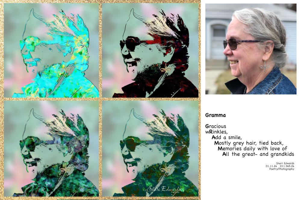 abstract self-portraits and photo of me, Gramma, with poem
