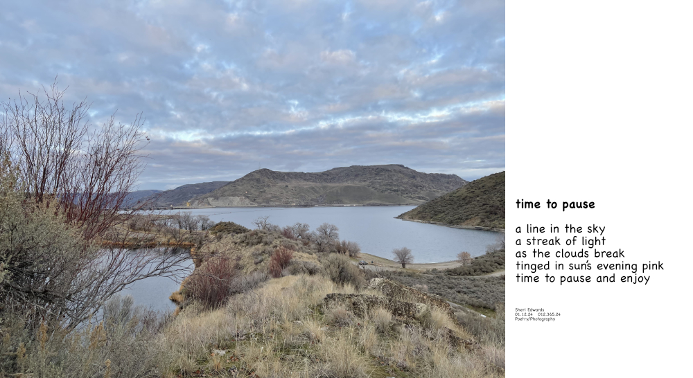 a calm evening with a once dark sky breaking up at the touch of the pink brush of the sun. and poem