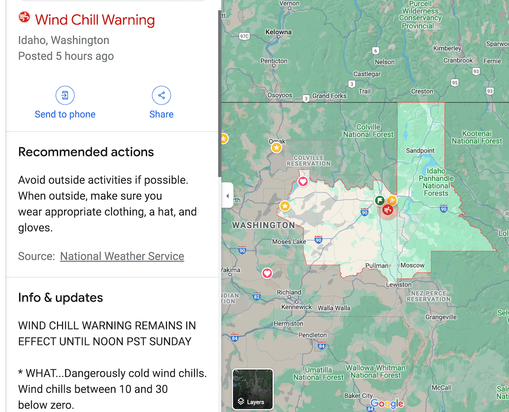 map of affected area for wind chill advisory