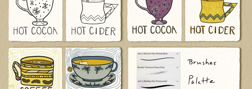 series of hot beverages from lines, color, squiggly lines with palette / brushes used