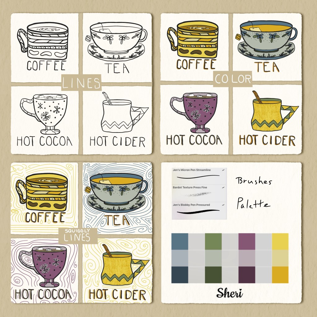 three versions of hot beverages in mugs and cups with the brushes and palette displayed as well