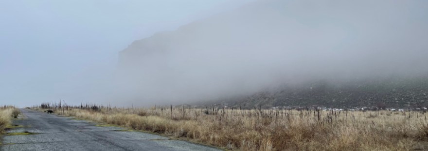 coulee walls disappear in the flowing winter fog