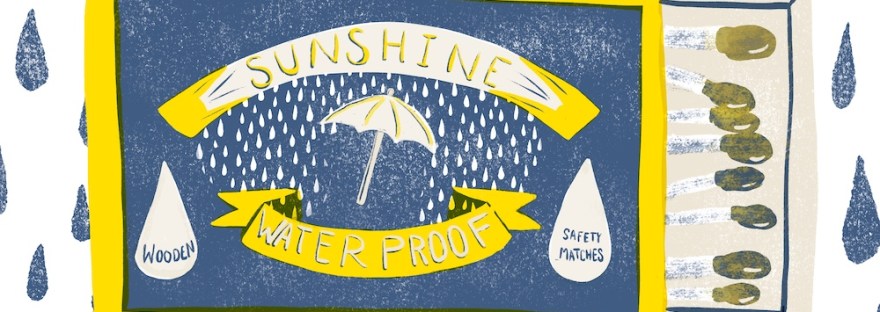 opened matchbox illustration in print-screen style of limited palette: yellow, blue, tan