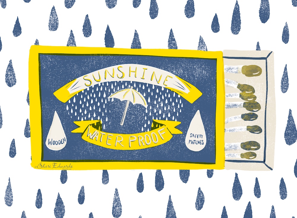 opened matchbox illustration in print-screen style of limited palette: yellow, blue, tan