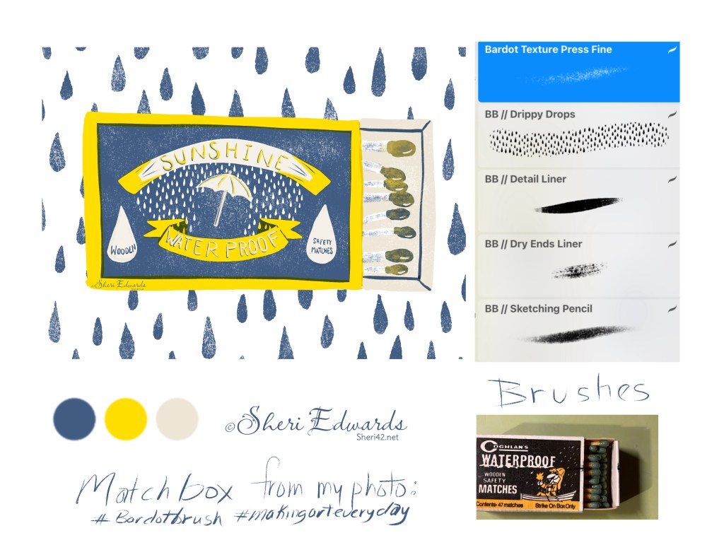 opened matchbox illustration in print-screen style of limited palette: yellow, blue, tan; image of brushes used; reference photo I took; palette