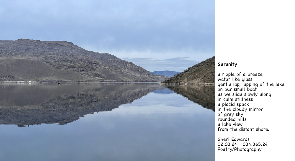 small boat and horizon reflected on Lake Roosevelt on Feb 3rd, 2024, a calm and silent, windless afternoon in the blue-grey hues of sky and lake and poem