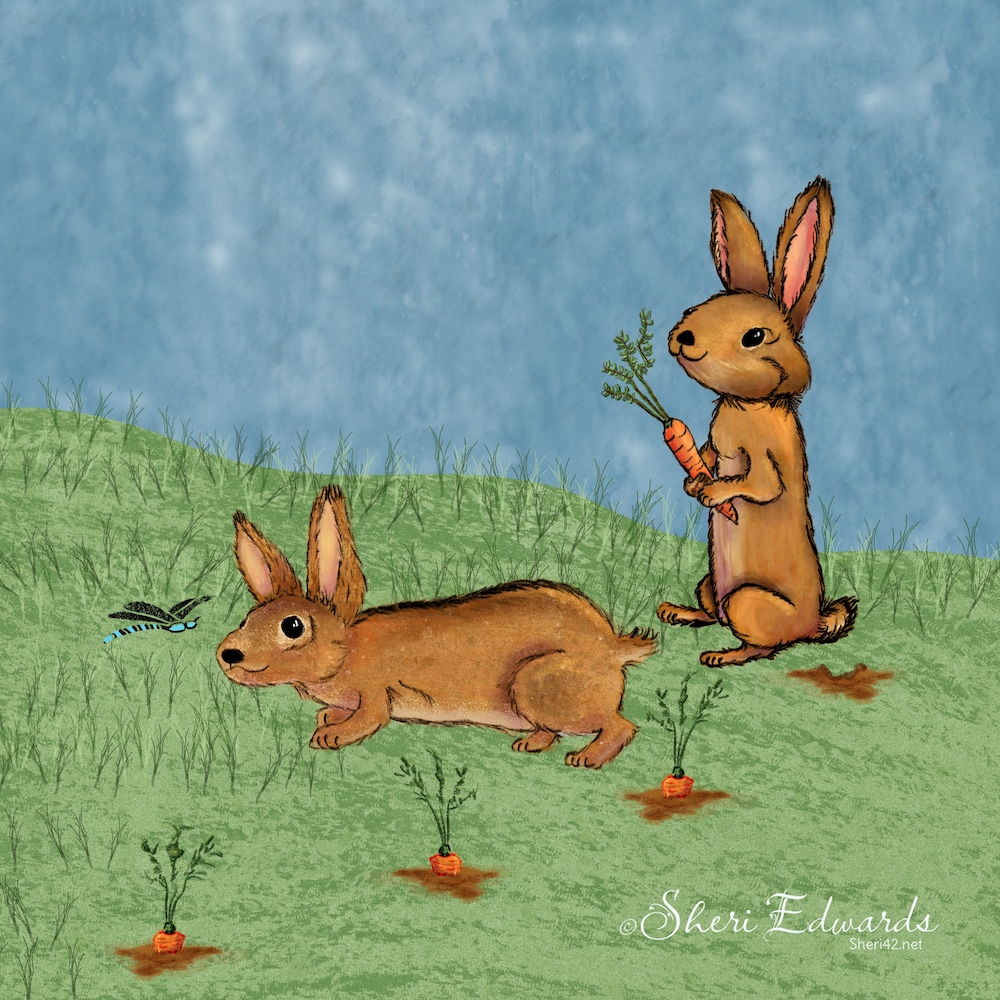painterly / gouache style; illustration of rabbits by Sheri42