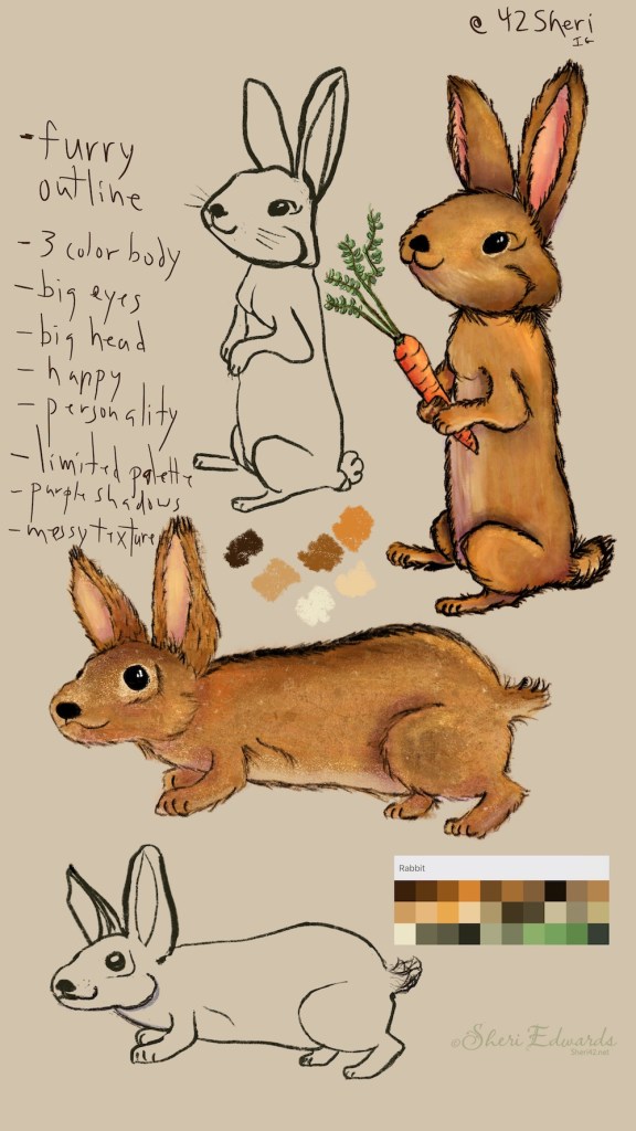 sketch and illustration of two rabbit poses with notes on the style and palette