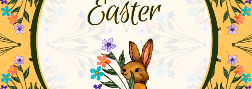 greeting card for Easter with flowers, rabbit